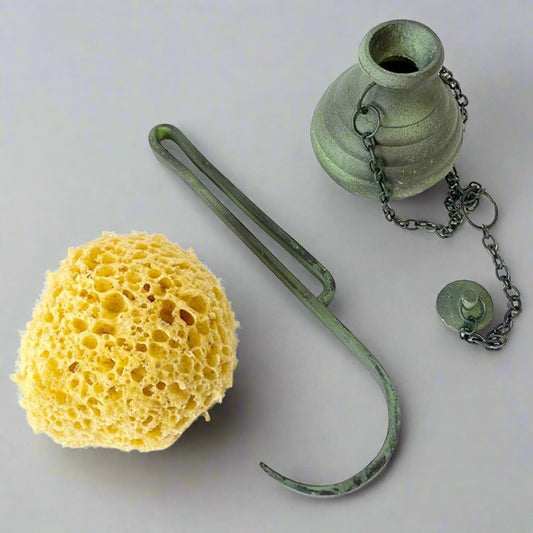 Greek Strigil, Oil Flask and Sponge